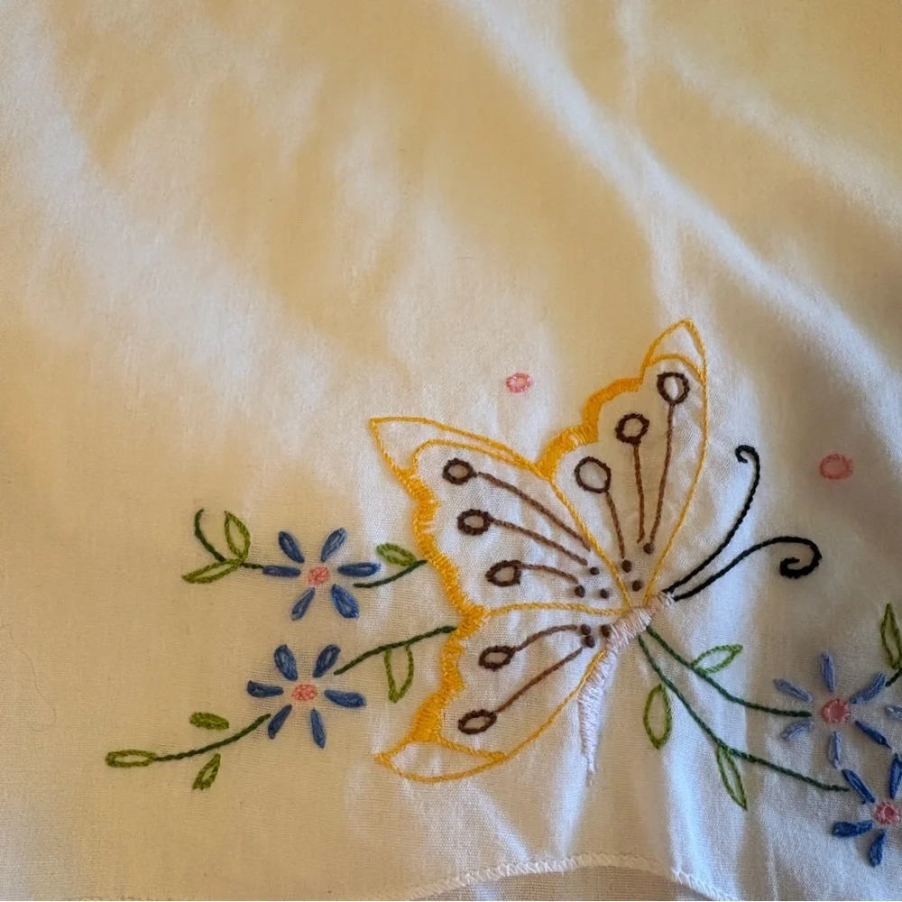Vintage White and Blue Hand Embroidered Pillowcases Butterflies Set of 2